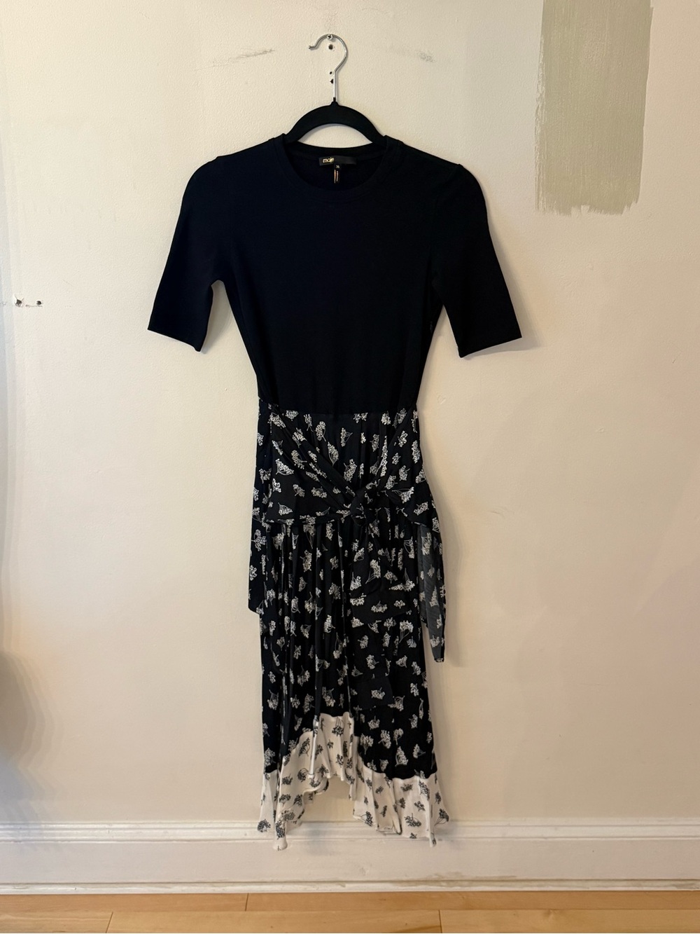 Maje Black and White Knit-Pleated Midi Dress